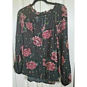 Torrid 1 Tunic Blouse Size 1 Black Pink Floral‎ Button Front Gold Dots 1X 18/20